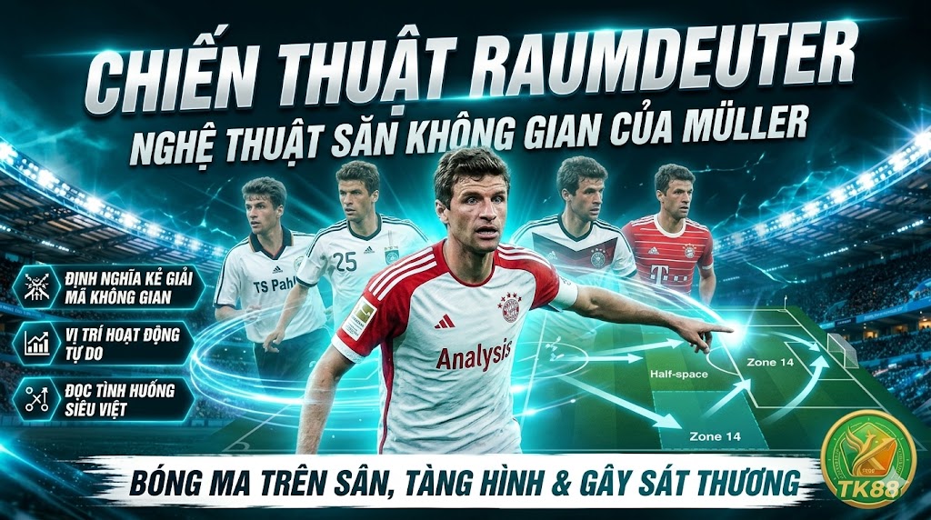 Hình ảnh phân tích chiến thuật Raumdeuter và nghệ thuật săn không gian mang thương hiệu Thomas Müller.