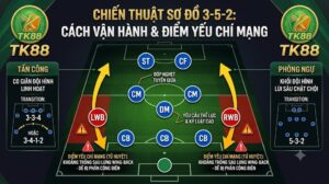 Mô phỏng chiến thuật sơ đồ 3-5-2 trong bóng đá với 3 trung vệ, 2 wing-back, 3 tiền vệ trung tâm và 2 tiền đạo cắm, phân tích cách vận hành và điểm yếu chí mạng tại nách đội hình.