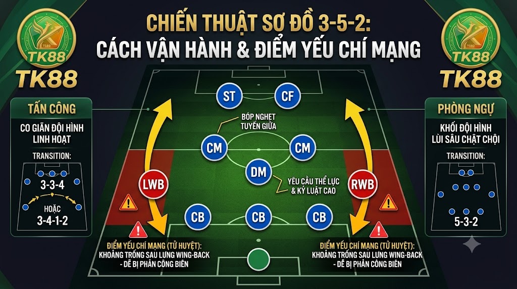 Mô phỏng chiến thuật sơ đồ 3-5-2 trong bóng đá với 3 trung vệ, 2 wing-back, 3 tiền vệ trung tâm và 2 tiền đạo cắm, phân tích cách vận hành và điểm yếu chí mạng tại nách đội hình.