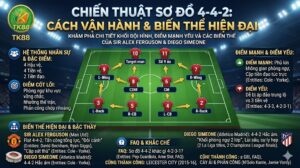 Infographic phân tích chi tiết sơ đồ chiến thuật bóng đá 4-4-2, giải thích cách vận hành, điểm mạnh/yếu, vai trò cầu thủ, và các biến thể hiện đại của Sir Alex Ferguson và Diego Simeone. Hình ảnh bao gồm mô hình sân cỏ và các phần thông tin về FAQ, khắc chế, với logo TK88 ở góc trên bên trái.
