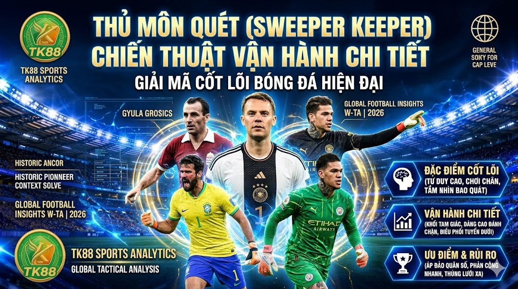 Phân tích chi tiết chiến thuật Thủ môn quét (Sweeper Keeper) trong bóng đá hiện đại cùng chuyên trang TK88, minh họa bởi các biểu tượng như Manuel Neuer, Ederson và Alisson Becker.