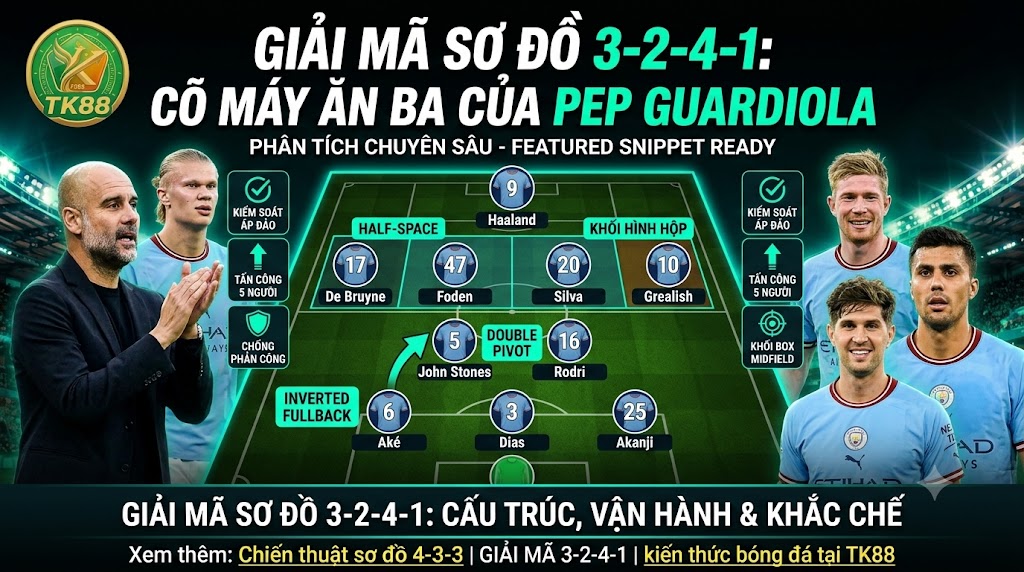 Sơ đồ chiến thuật bóng đá 3-2-4-1 được minh họa chi tiết trên sân, hiển thị khối tiền vệ hình hộp (box midfield) và vai trò inverted fullback của Manchester City dưới thời Pep Guardiola - Phân tích từ TK88.