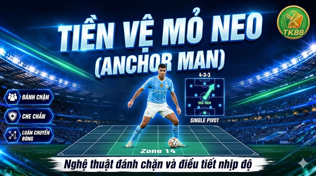 Bảng phân tích chiến thuật về vị trí Tiền vệ mỏ neo (Anchor Man) với các nhiệm vụ đánh chặn, che chắn và luân chuyển bóng tại TK88.