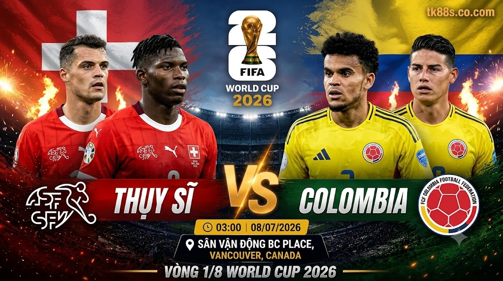 Hình ảnh nhận định chiến thuật trận đấu Thụy Sĩ vs Colombia, vòng 1/8 World Cup 2026 diễn ra lúc 03h00 ngày 8/7 - TK88